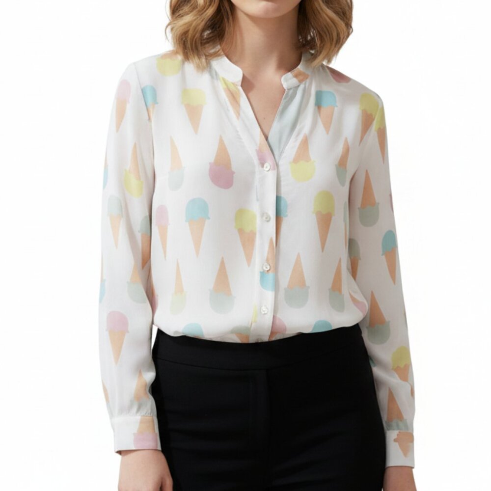 Paz Torras Blouse Long Sleeve Viscose Button Front V Neckline Womens Size 40